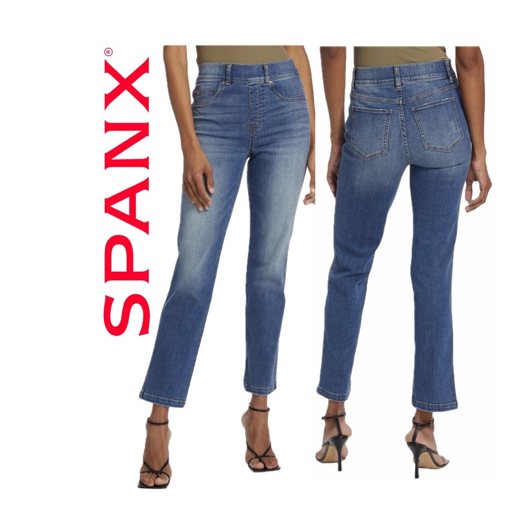 Spanx Ankle Straight Leg Jeans Medium Wash High Rise Pull On Denim Blue Sz Xs